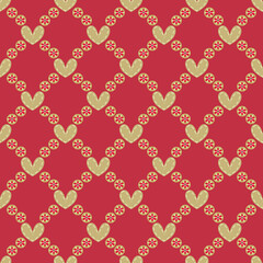 Heart shape with snowflake ornaments on red wallpaper. Seamless pattern.