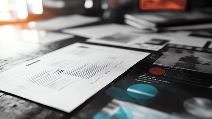 Focused view of documents and creative materials on a desk, highlighting organization and productivity in the workspace.
