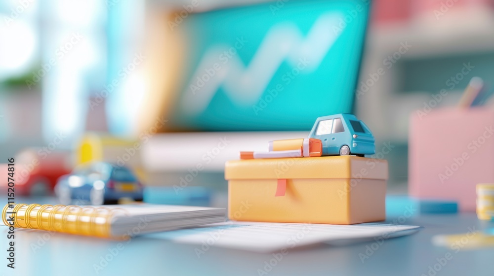 Poster a colorful workspace featuring miniature cars, a toolbox, and a computer with a graph, creating a li