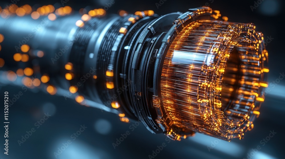 Poster a close-up view of a futuristic, glowing tech component featuring intricate designs and luminous ele