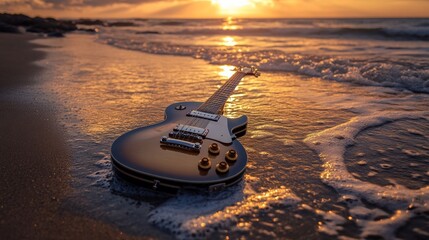 Electric guitar resting on the beach at sunset, waves gently touching the strings and body of the guitar, creating a serene scene.