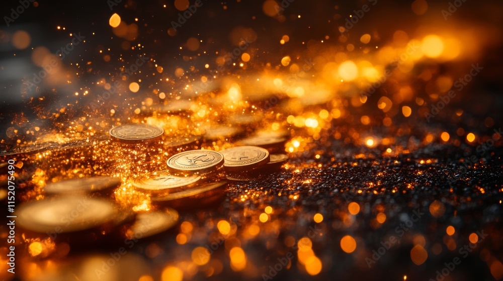 Poster a collection of coins lies scattered on a dark surface, illuminated by a golden glow from tiny parti