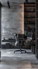 Modern workspace featuring sleek furniture and organized shelves for productivity.