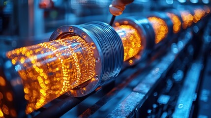 Obraz premium A close-up of a glowing, intricately designed industrial component, showcasing vibrant orange lights and metallic features in a high-tech environment.