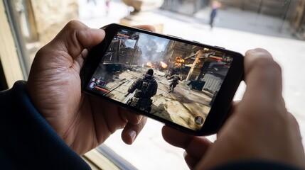Person playing action game on smartphone.