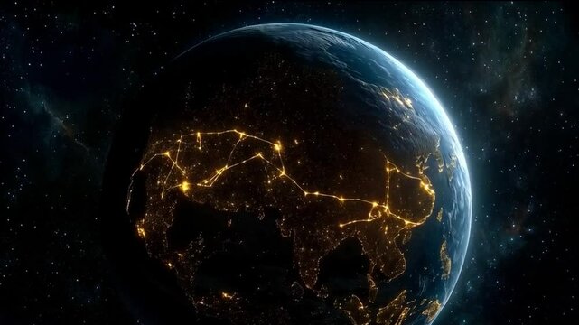 Global network connection and data connections concept. Worldwide links on planet earth at night. Earth in open space and digital web. World communication technology. Blue black background. 4k footage