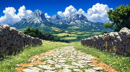 Stone path leads to scenic mountain view.