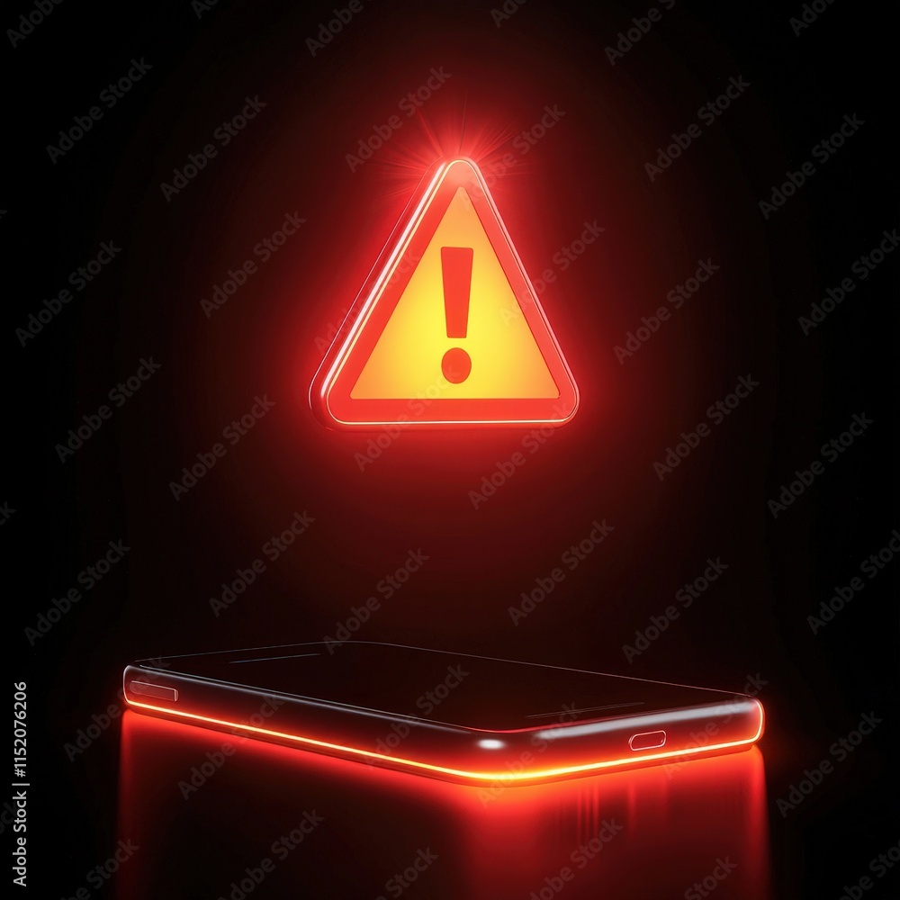 Poster glowing red alert symbol hovering above a ringing smartphone for urgent notifications.
