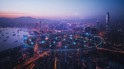Fototapeta premium Smart digital city with connection cyber security network reciprocity over the cityscape . future smart wireless digital city and social media networking systems that connects people within the city