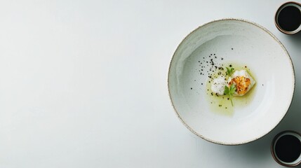 A white bowl with a piece of food in it and a small amount of oil on top