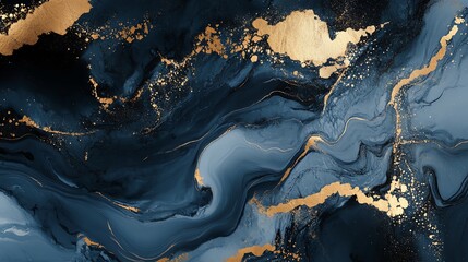 Fototapeta premium Elegant abstract fluid art featuring deep blue and gold tones, perfect for backgrounds and creative projects.