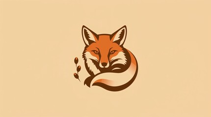 Obraz premium Stylized fox logo in orange tones curled up on a soft beige background 