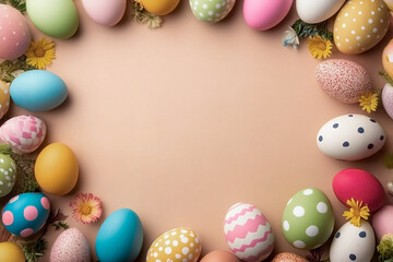 Colorful easter eggs and flowers framing a plain background