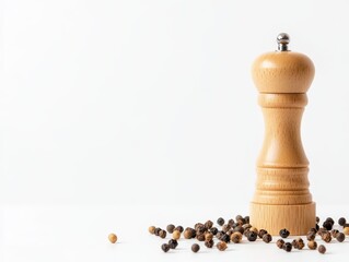 Wooden pepper mill with scattered peppercorns on a clean white background, perfect for culinary and kitchen-related projects.