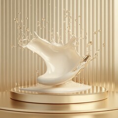 A sleek and modern cream product podium mockup featuring a dynamic splash of liquid milk against a light gold background.