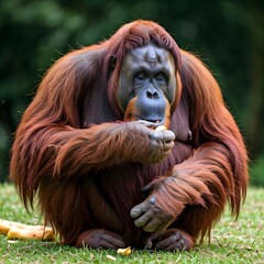 Naklejka premium An Adult Orangutan with Reddish-Brown Fur Enjoys Food While Sitting on the Grass
