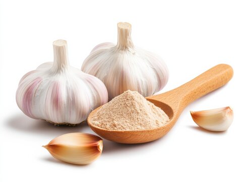 Fresh garlic bulbs with a spoonful of garlic powder and cloves on a white background, showcasing the versatility of this essential ingredient.