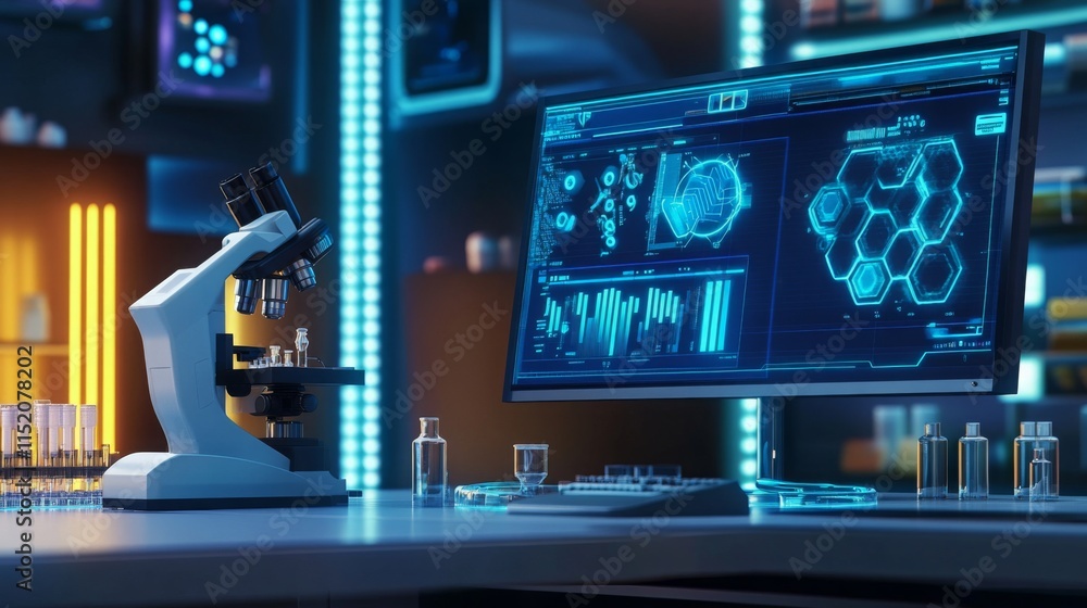 Poster A modern laboratory features a high-tech microscope alongside an advanced computer display. The scene is illuminated with blue light, highlighting intricate digital data and laboratory equipment.