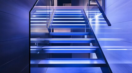 Obraz premium A modern staircase illuminated with blue light, creating a sleek and futuristic ambiance.