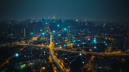 Fototapeta premium Smart digital city with connection cyber security network reciprocity over the cityscape . future smart wireless digital city and social media networking systems that connects people within the city