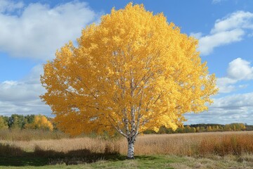 White Birch tree against yellow fall foliage, Generative AI