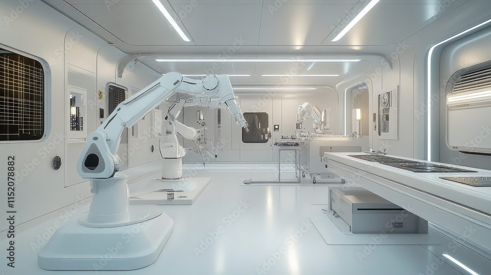 Poster a cleanroom setting featuring robotic arms equipped with microchips, assembling delicate components 