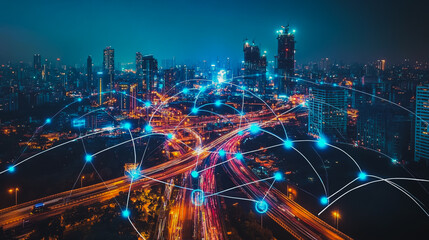 Fototapeta premium Smart digital city with connection cyber security network reciprocity over the cityscape . future smart wireless digital city and social media networking systems that connects people within the city