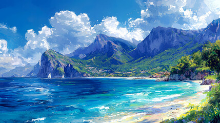 Obraz premium Sunny coastal landscape with mountains, beach, and ocean.