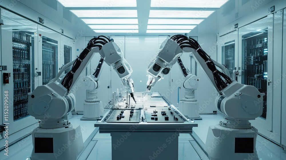 Poster a cleanroom setting featuring robotic arms equipped with microchips, assembling delicate components 