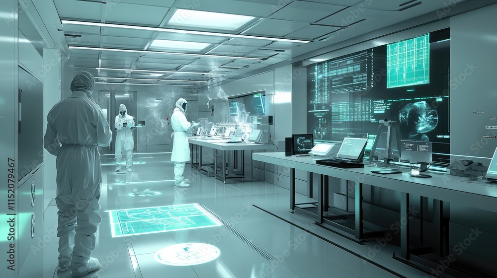 Aufkleber a cleanroom setting where a network of microchips is being tested for performance, with diagnostic t