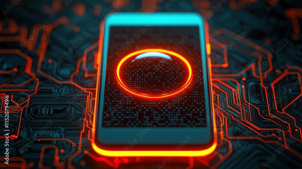 Poster a futuristic smartphone with a glowing circular interface, set against a dark, circuit-like backgrou