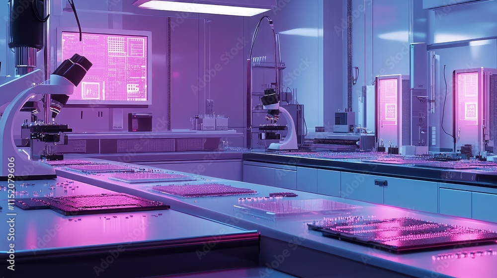 Poster a cleanroom setup with microchips being inspected under microscopes, surrounded by visible circuit l