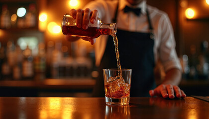 International Bartender Day. A bartender pours whiskey at a classy bar
