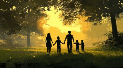 Family Togetherness in Nature: Silhouette of Parents and Children Walking Hand in Hand Through a Lush Green Park During a Golden Sunset