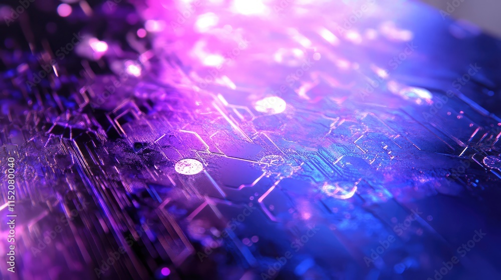 Poster a close-up of a microchip fabrication process, showing uv light exposure and fine patterns being etc