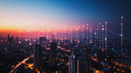 Fototapeta premium Smart digital city with connection cyber security network reciprocity over the cityscape . future smart wireless digital city and social media networking systems that connects people within the city