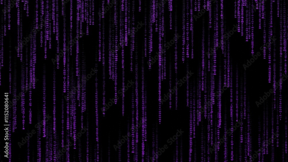 Poster matrix code, digital rain background, the falling purple characters in verical lines on computer scr