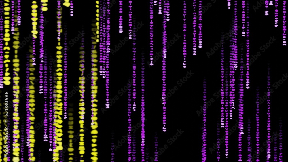 Poster matrix code, digital rain background, the falling purple yellow characters in verical lines on compu