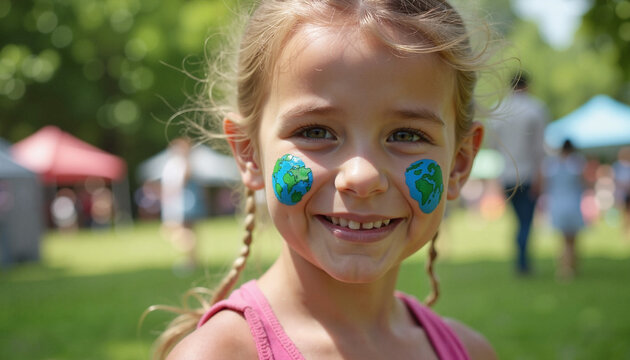 Earth Day. Child with Earth painted on cheeks, participating in environmental awareness event for Earth Day
