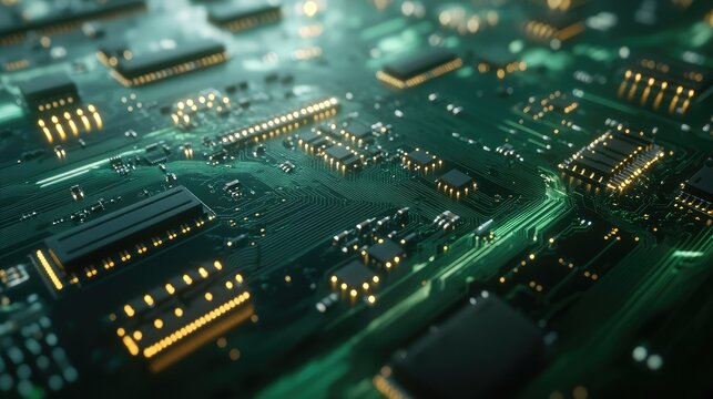 A close-up of a multi-microchip network on a green PCB, showing connectors and transistors aligned in a precise layout