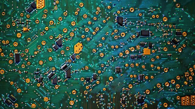 A close-up of a multi-microchip network on a green PCB, showing connectors and transistors aligned in a precise layout