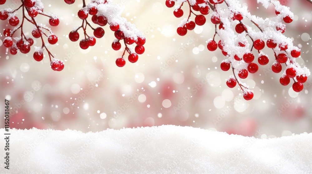 Poster snowy winter scene with red berries on branches and soft background
