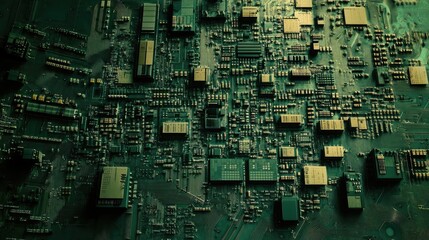 A close-up of a multi-microchip network on a green PCB, showing connectors and transistors aligned in a precise layout