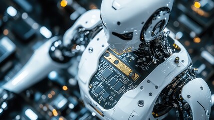 Fototapeta premium A close-up of a robotic device's motherboard with a central microchip controlling its sensors and movement systems