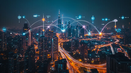 Fototapeta premium Smart digital city with connection cyber security network reciprocity over the cityscape . future smart wireless digital city and social media networking systems that connects people within the city