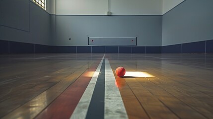 A racquetball bouncing against the wall in a clean, empty court, wide angle lens, f22,