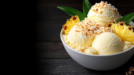 Creamy vanilla ice cream scoops in a bowl, garnished with grilled pineapple slices and toasted coconut flakes.