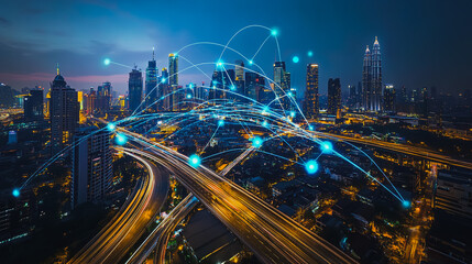 Obraz premium Smart digital city with connection cyber security network reciprocity over the cityscape . future smart wireless digital city and social media networking systems that connects people within the city