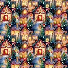 Fototapeta premium Colorful seamless pattern of festive houses with Christmas decorations and illuminated windows
