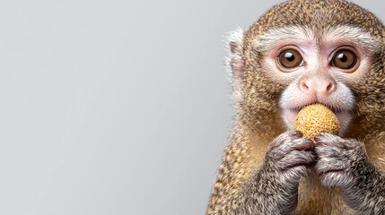 Close-up of a cute monkey eating a small round treat against a light gray background.